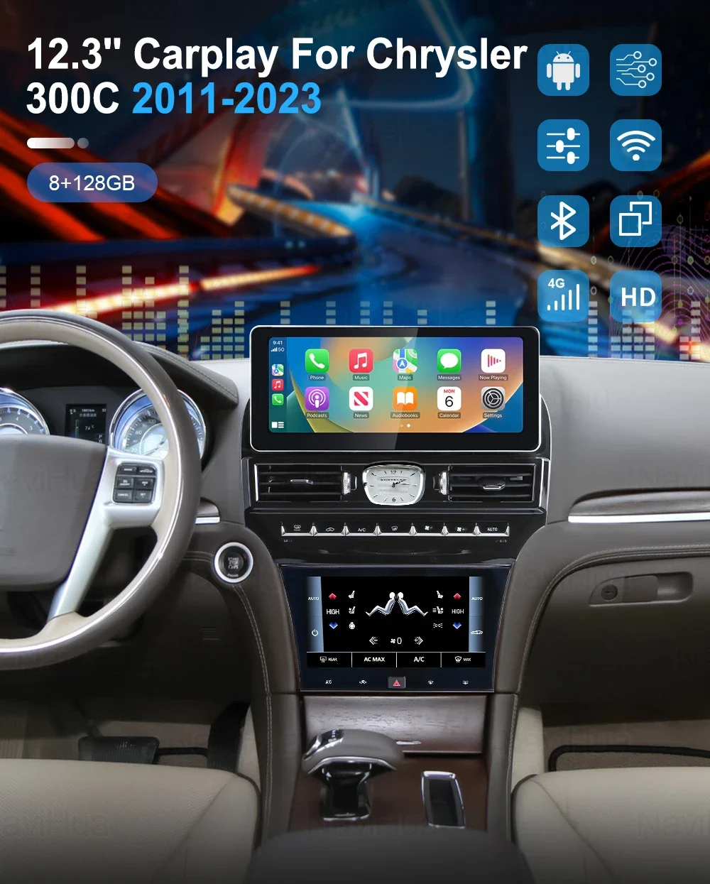 Car Radio For Chrysler 300 300C 2011-2023 Android13 Auto Carplay 12.3+9.66" 3A Blue Light Anti-glare Screen GPS Navi Multimedia