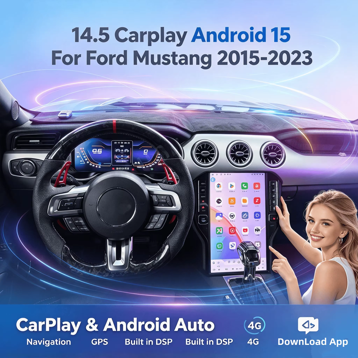 14.5 Carplay Android 15 For Ford Mustang 2015-2023 Car Multimedia Player GPS Screen Head Unit Odometer Digital Cluster LED